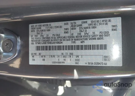 2025 Ford Escape Phev z USA, uszkodzony, nr VIN 1FMCU0E10SUA16824